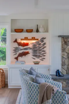 A coastal living room with marine-inspired art installation from Steve Swain of Frying Pan Gallery.