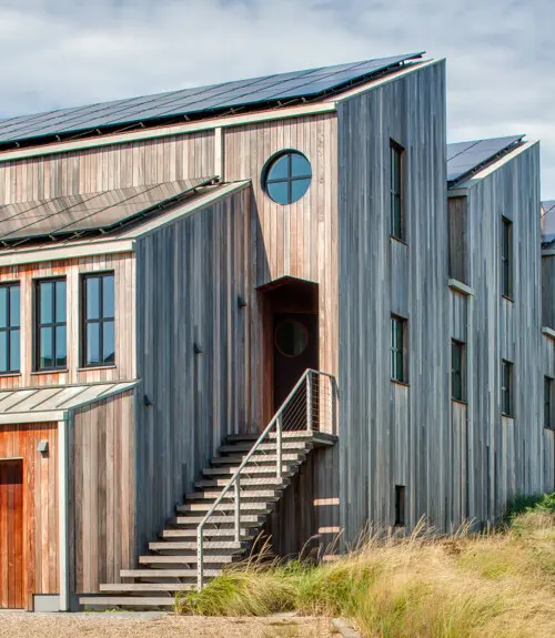 Entrance to a contemporary home on Lower Cape Cod, Massachusetts.