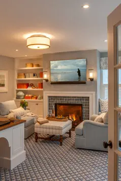 The office is a retreat within the house. A built-in desk and shelving, along with cozy chairs and a fireplace make for a comfortable and calming work room.